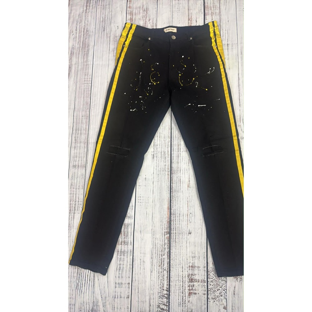 Blind Trust Mens Black Jeans Yellow Side Stripe Paint Splatter Distressed 36x32‎